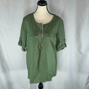 Anne Klein Womens Popover Top L Linen Blend Gold Zip Tassel Roll Tab Sleeve